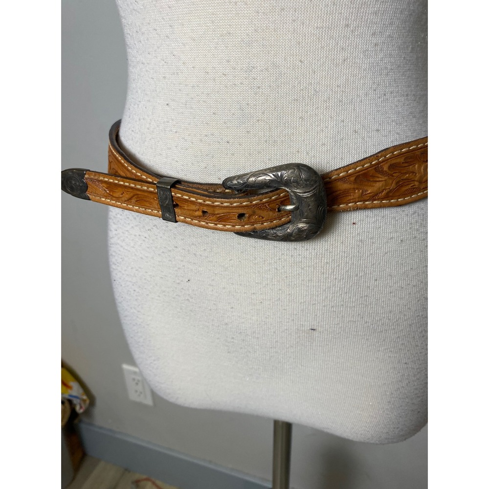 Vintage Textan Floral Tooled Leather Belt Sterling Silver Buckle Set 32 1742B